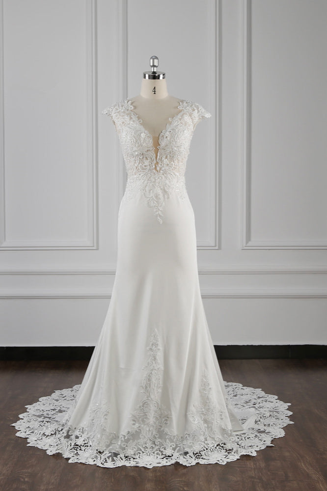 Elegant Mermaid Chiffon Lace Wedding Dress V-neck Appliques Bridal Gowns On Sale