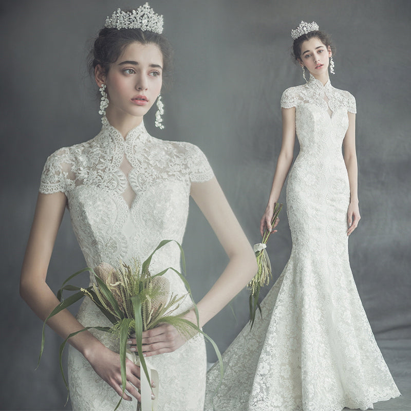 Elegant Mermaid High-Neck Wedding Dress Luxury Lace Cap Sleeves Bridal Gowns On Sale