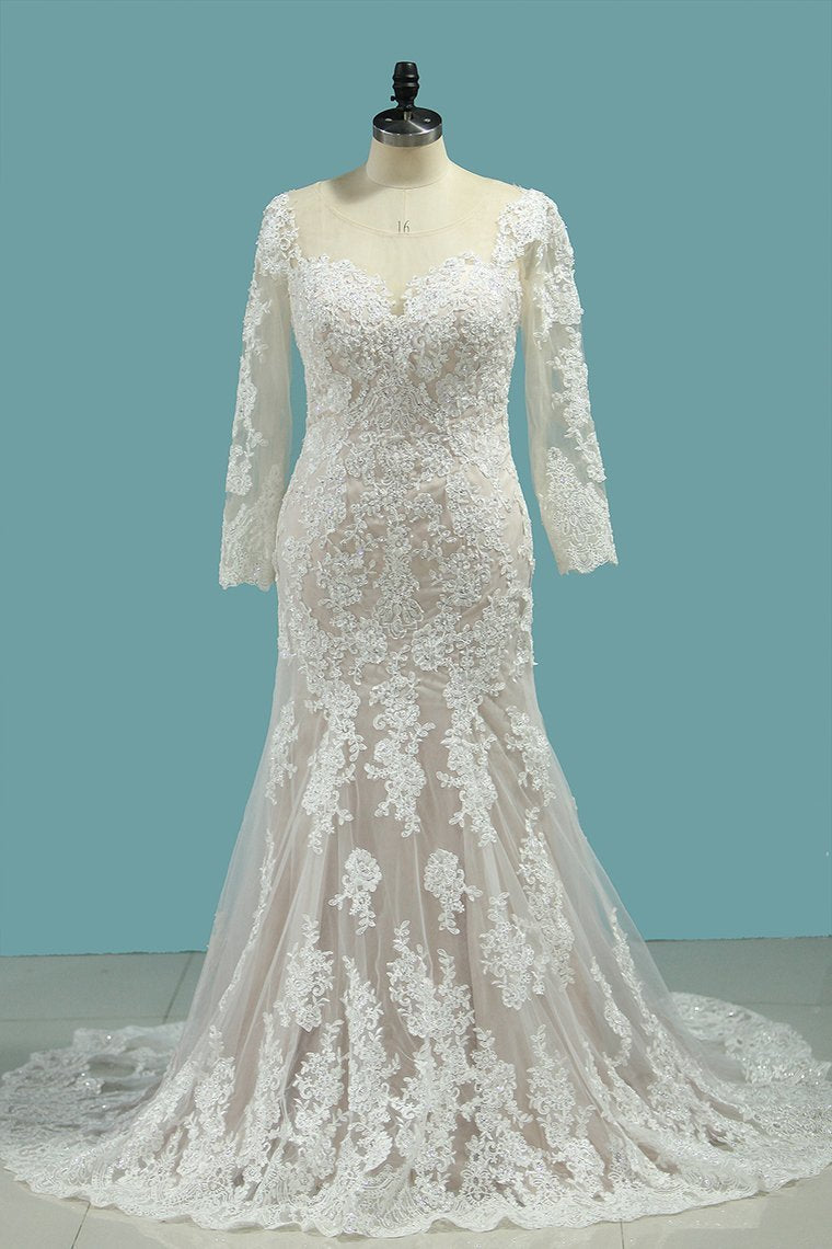 Elegant Mermaid Jewel Tulle Lace Wedding Dress Long Sleeves Appliques Sequined Bridal Gowns