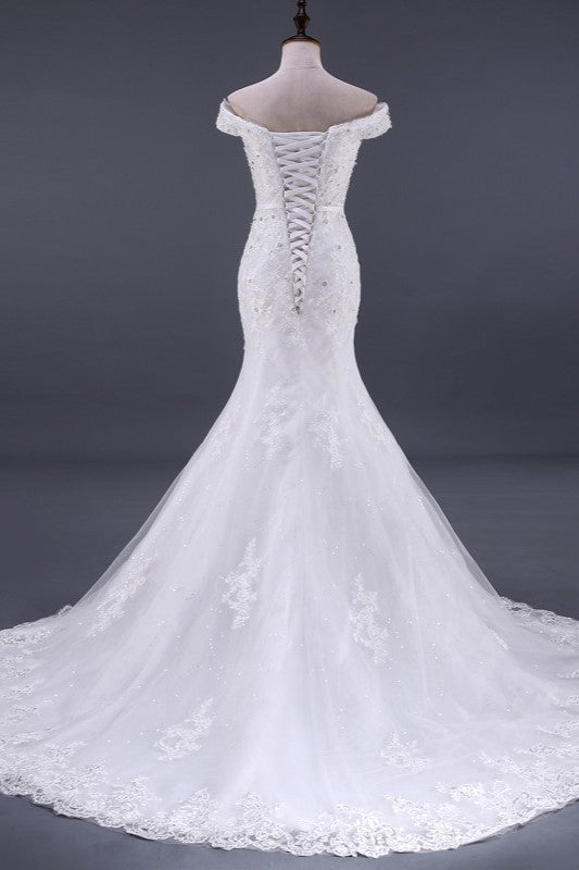 Elegant Mermaid Off-the-Shoulder White Wedding Dress Sweetheart Sleeveless Lace Appliques Bridal Gowns with Rhinestones