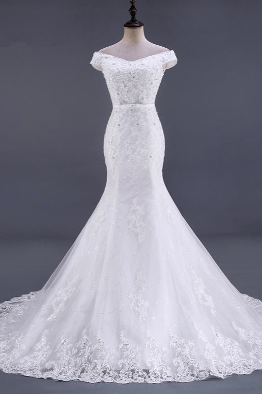 Elegant Mermaid Off-the-Shoulder White Wedding Dress Sweetheart Sleeveless Lace Appliques Bridal Gowns with Rhinestones