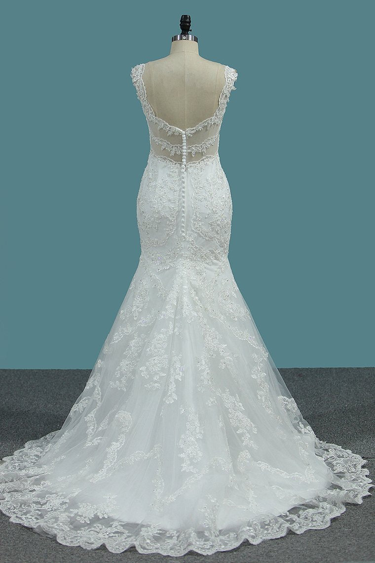 Elegant Mermaid V-neck Tulle Wedding Dress White Lace Appliques Beadings Bridal Gowns