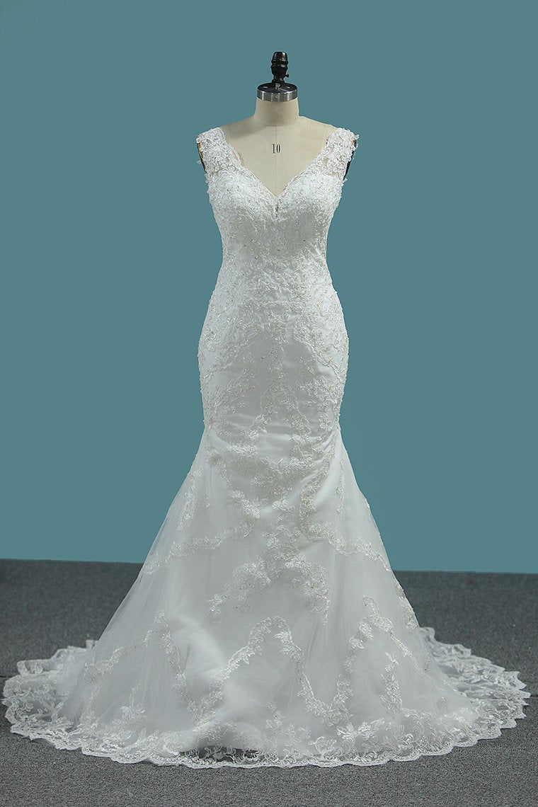 Elegant Mermaid V-neck Tulle Wedding Dress White Lace Appliques Beadings Bridal Gowns