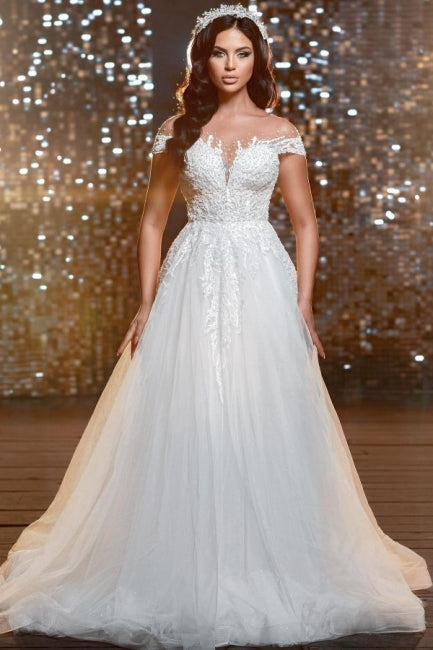 Elegant Off-the-Shoulder Jewel Cap Sleeve A-Line Lace Wedding Gown