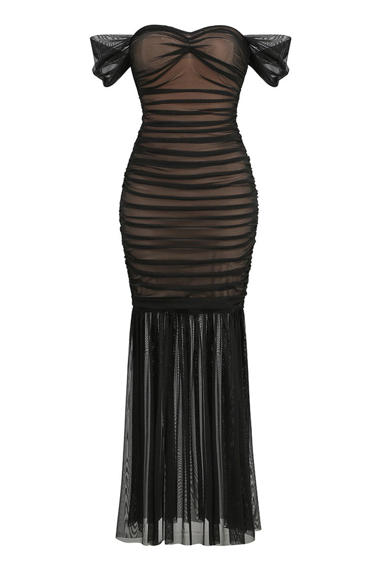 Elegant Off The Shoulder Ruched Bodycon Mesh Fishtail Formal Maxi Dress