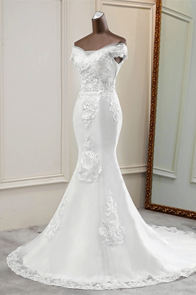 Elegant Off-the-Shoulder Sleeveless White Mermaid Wedding Dresses with Beadings