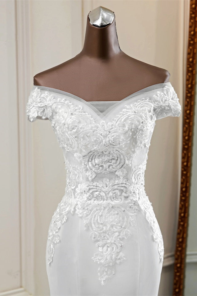 Elegant Off-the-Shoulder Sleeveless White Mermaid Wedding Dresses with Beadings