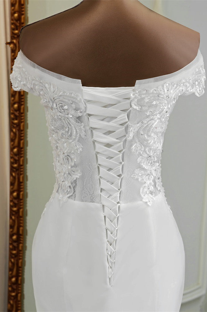 Elegant Off-the-Shoulder Sleeveless White Mermaid Wedding Dresses with Beadings