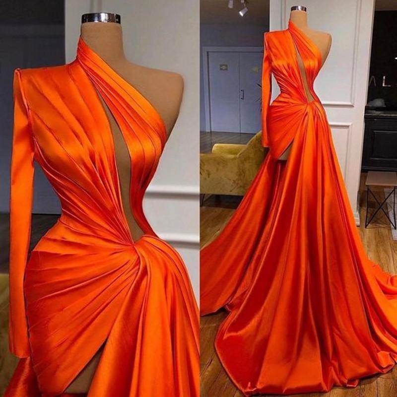 Elegant One Shoulder Long Sleeves Prom Dress With Split Front