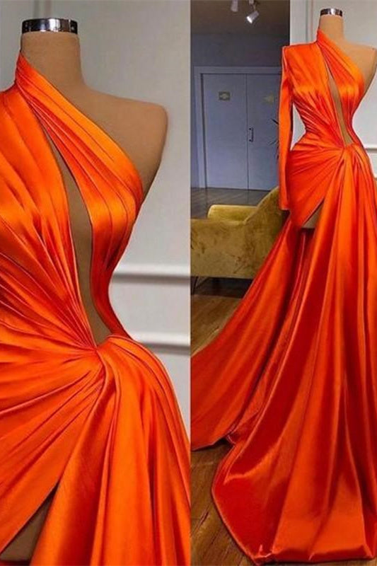 Elegant One Shoulder Long Sleeves Prom Dress With Split Front