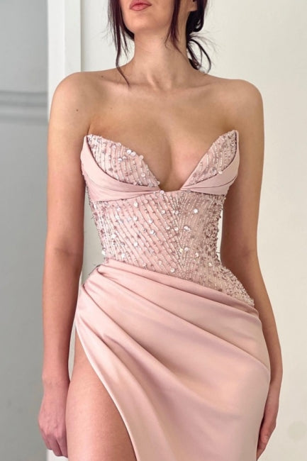 Elegant Peach V-neck Mermaid Evening Dresses Long Simple Prom Gowns With Slit