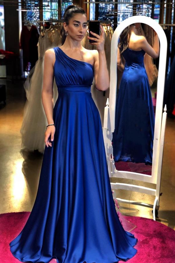 Elegant Royal Blue One Shoulder Prom Dress Long