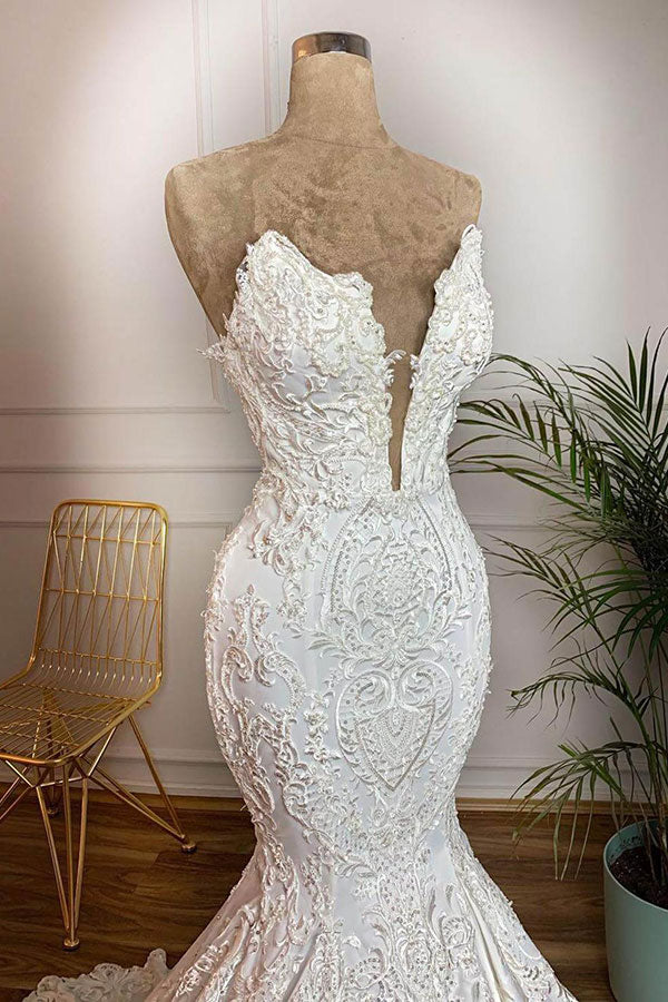 Elegant Satin Sweetheart Mermaid Wedding Dresses White Lace Bridal Gowns With Appliques