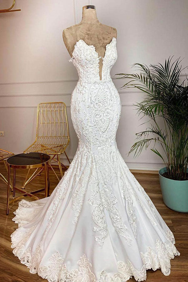 Elegant Satin Sweetheart Mermaid Wedding Dresses White Lace Bridal Gowns With Appliques