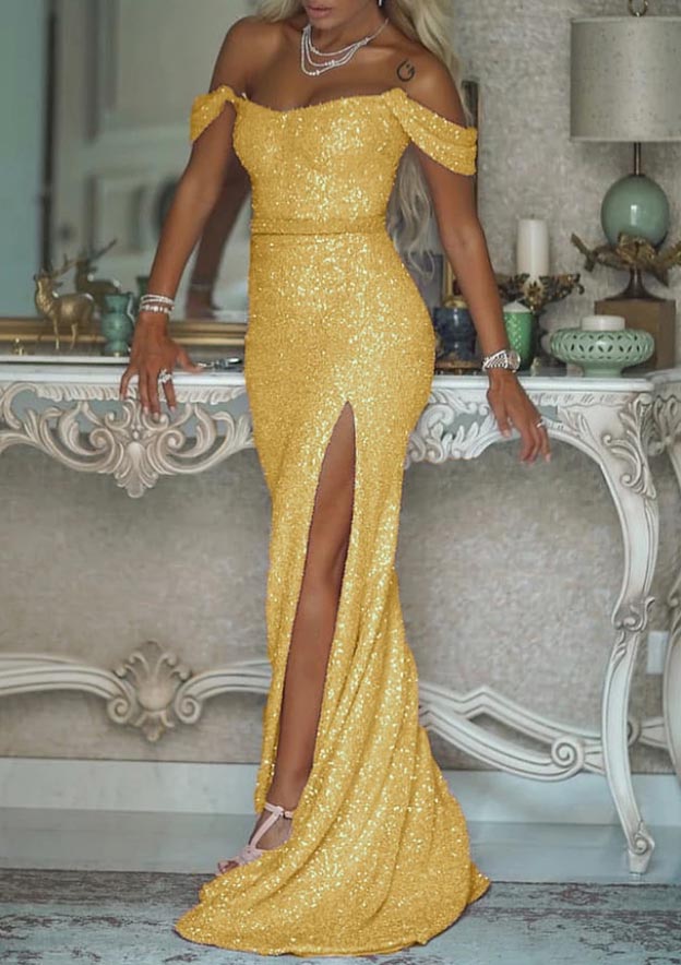 Elegant Shimmer Sequined Trumpet/Mermaid Off-the-Shoulder Prom Dress/Evening Dress with Split Sashes and Sweep Train