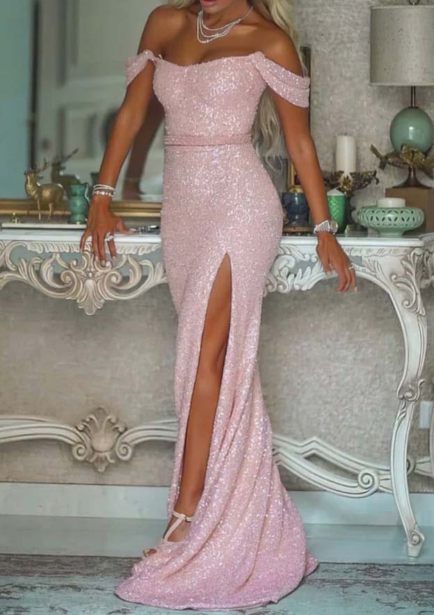 Elegant Shimmer Sequined Trumpet/Mermaid Off-the-Shoulder Prom Dress/Evening Dress with Split Sashes and Sweep Train