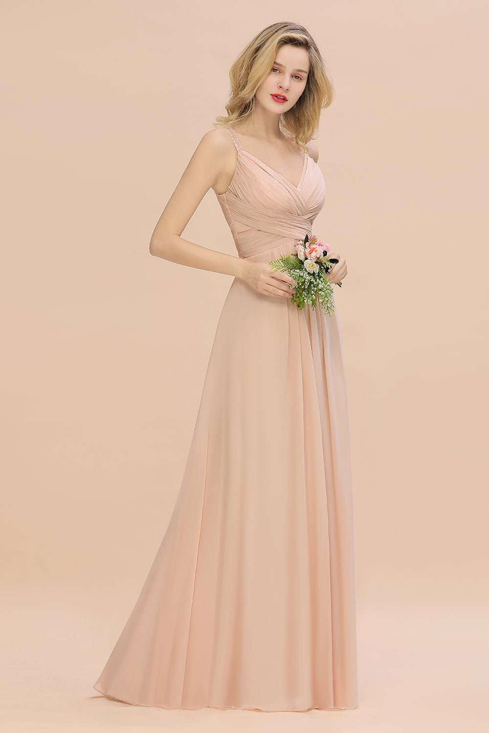 Elegant Spaghetti Straps Pink Backless Bridesmaid dresses with Beadings