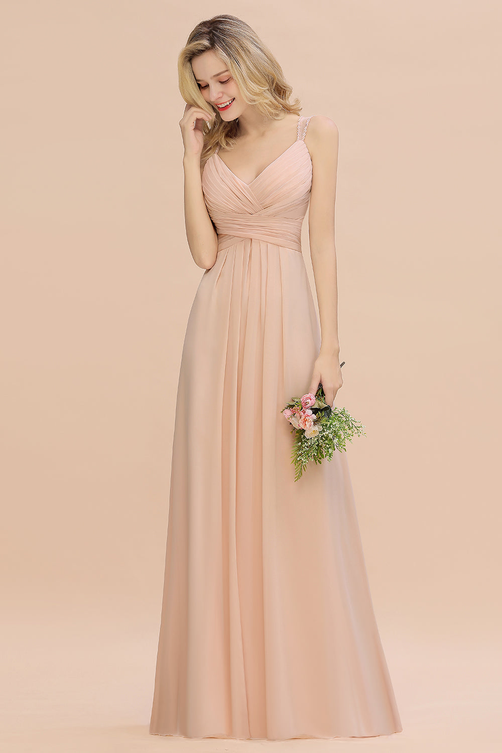 Elegant Spaghetti Straps Pink Backless Bridesmaid dresses with Beadings