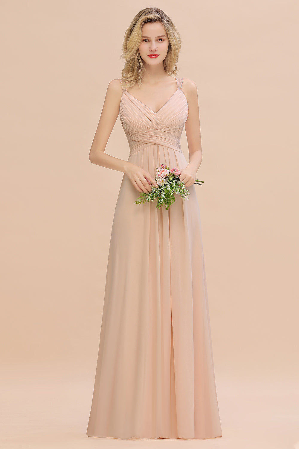 Elegant Spaghetti Straps Pink Backless Bridesmaid dresses with Beadings