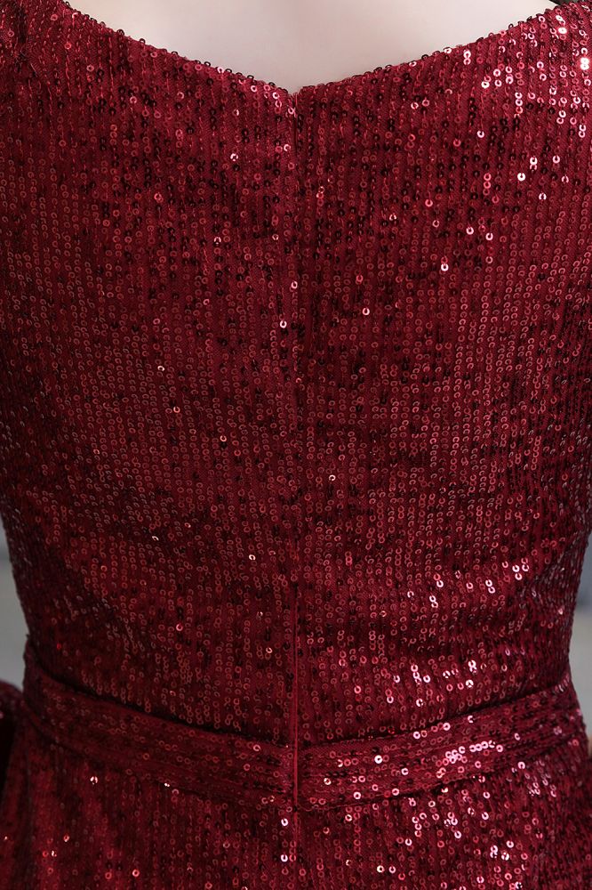 Elegant Sparkle Sequined Burgundy Long Sleeves V-neck Mermaid Long Prom Party Gowns