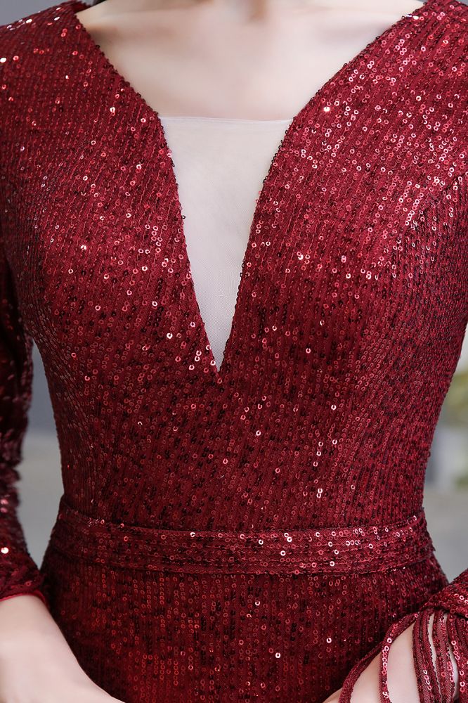 Elegant Sparkle Sequined Burgundy Long Sleeves V-neck Mermaid Long Prom Party Gowns