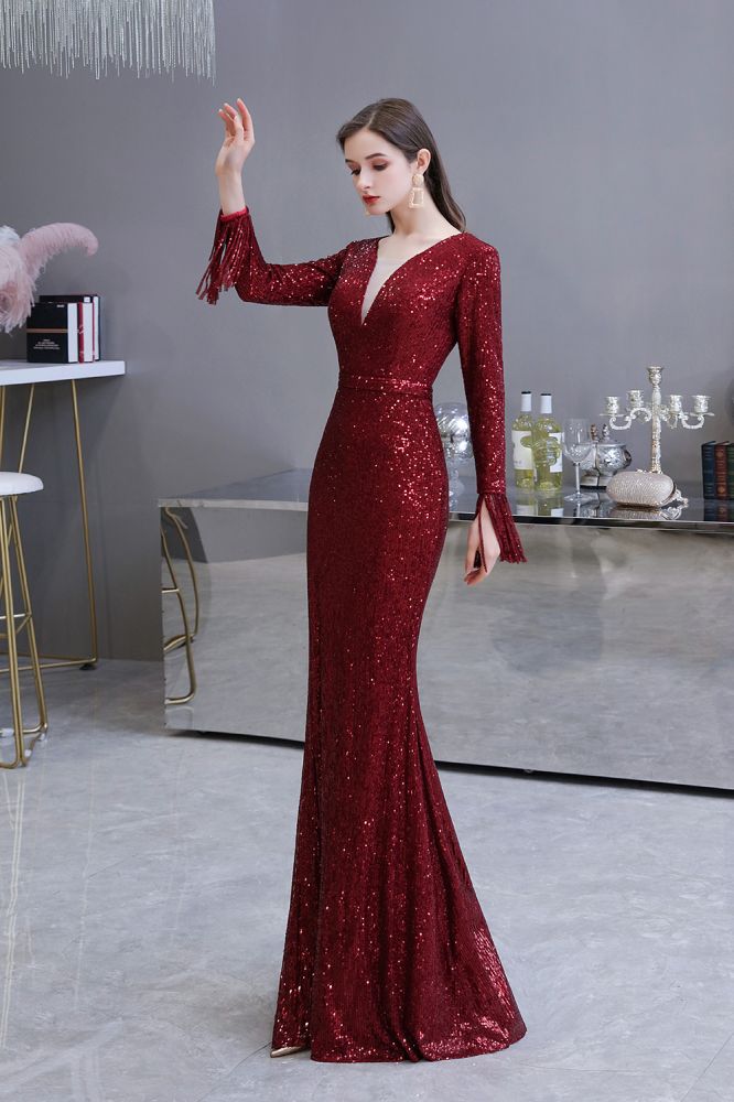 Elegant Sparkle Sequined Burgundy Long Sleeves V-neck Mermaid Long Prom Party Gowns