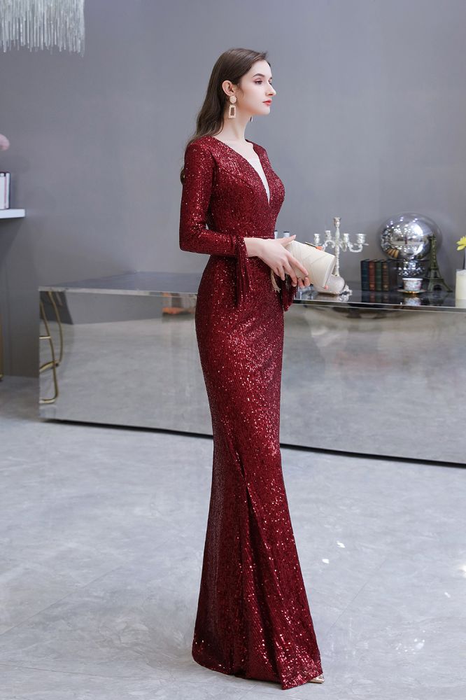 Elegant Sparkle Sequined Burgundy Long Sleeves V-neck Mermaid Long Prom Party Gowns