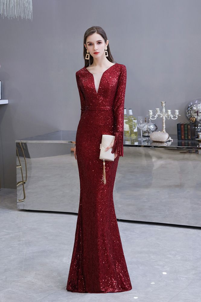 Elegant Sparkle Sequined Burgundy Long Sleeves V-neck Mermaid Long Prom Party Gowns