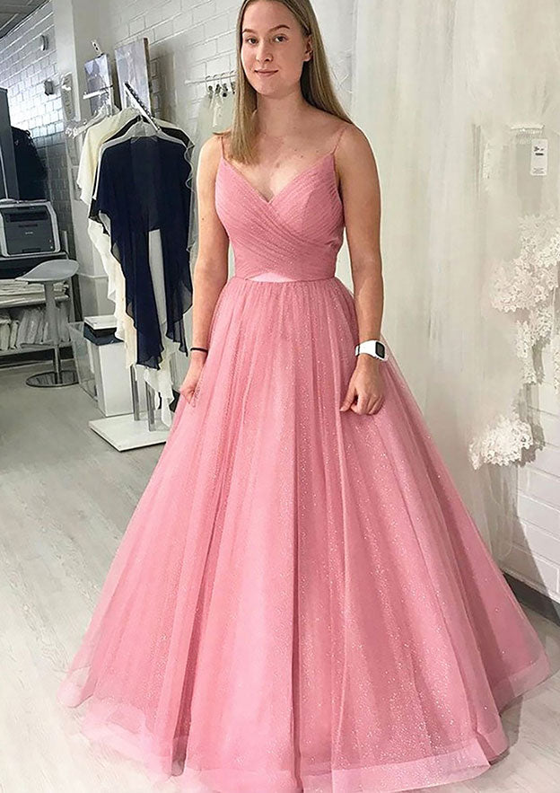 Elegant Sparkling Tulle Prom Ball Gown with Pleated Skirt