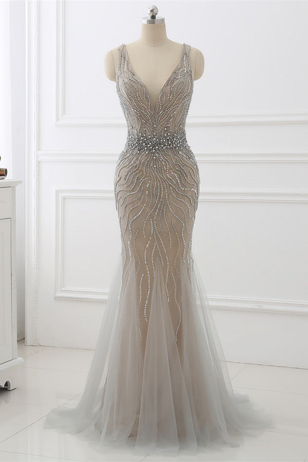 Elegant Strap V-Neck Sleeveless Mermaid Prom Dresses with Beadings Ruffles