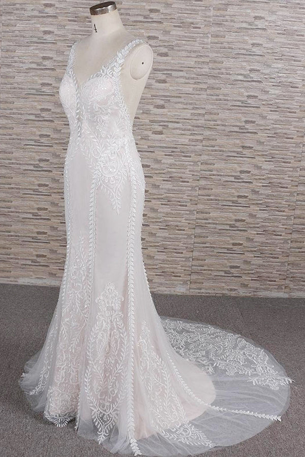 Elegant Straps A-line Lace Wedding Dresses White Mermaid V-neck Bridal Gowns On Sale