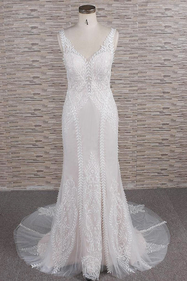 Elegant Straps A-line Lace Wedding Dresses White Mermaid V-neck Bridal Gowns On Sale