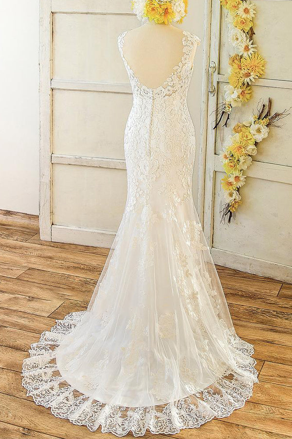 Elegant Straps Sleeveless Mermaid Wedding Dresses Appliques Lace White Bridal Gowns On Sale