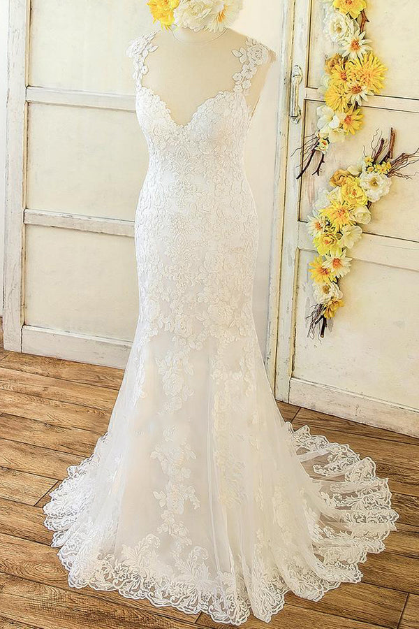 Elegant Straps Sleeveless Mermaid Wedding Dresses Appliques Lace White Bridal Gowns On Sale