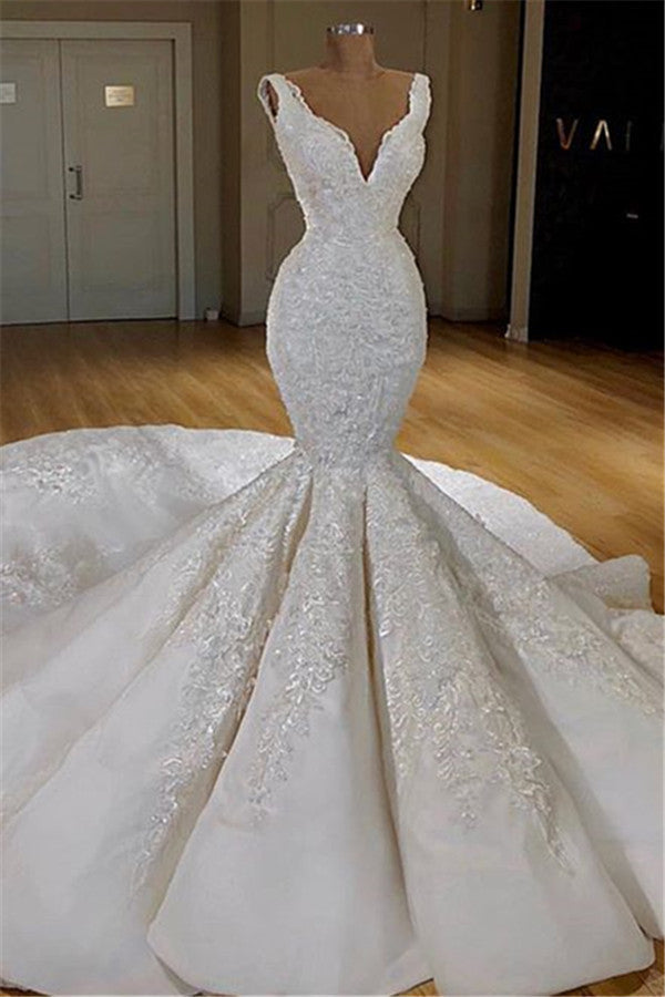 Elegant Straps Sleeveless White Wedding Dresses Mermaid Satin Bridal Gowns With Appliques