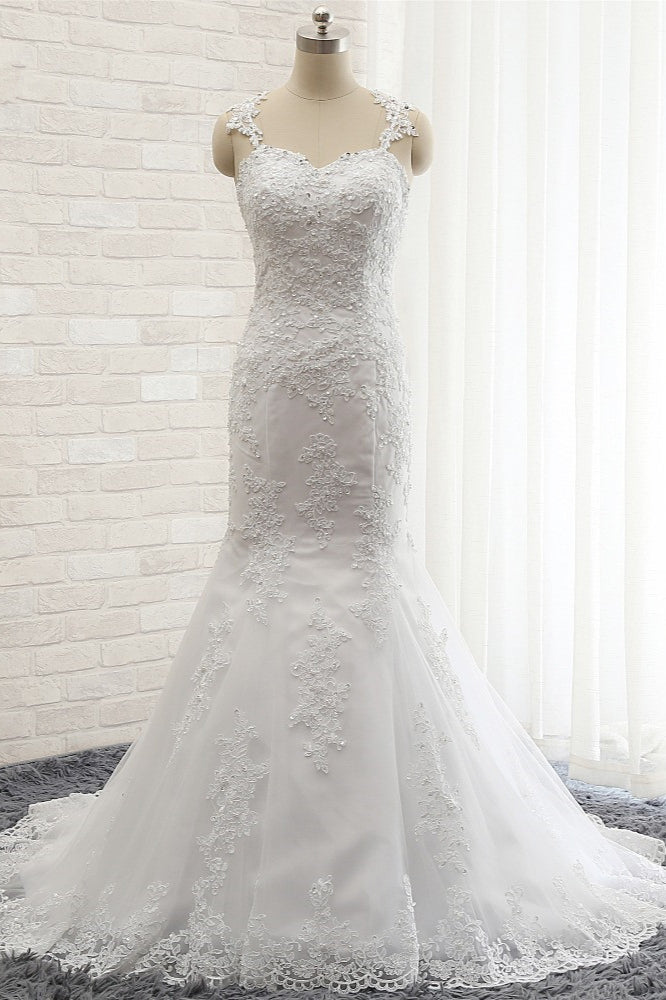 Elegant Straps Sweetheart Lace Wedding Dress Sexy Backless Sleeveless Appliques Bridal Gowns with Beadings