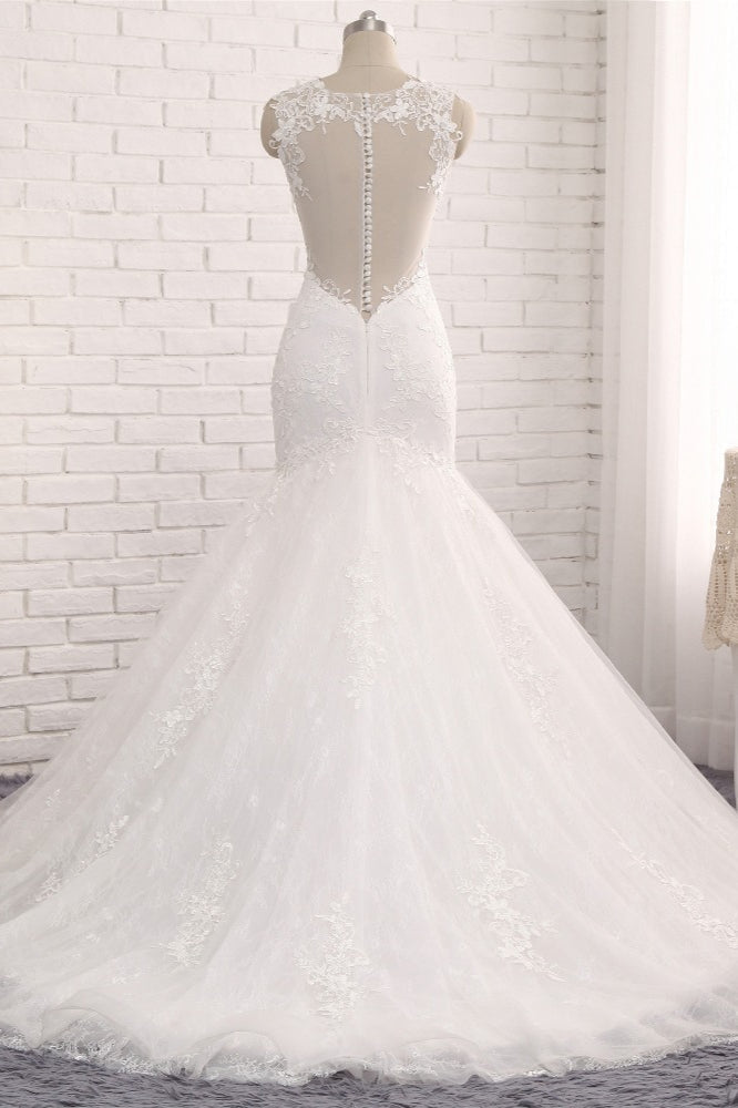 Elegant Straps V-Neck Tulle Lace Mermaid Wedding Dress Appliques Sleeveless Bridal Gowns On Sale