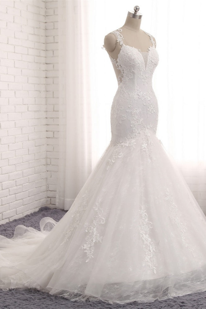 Elegant Straps V-Neck Tulle Lace Mermaid Wedding Dress Appliques Sleeveless Bridal Gowns On Sale