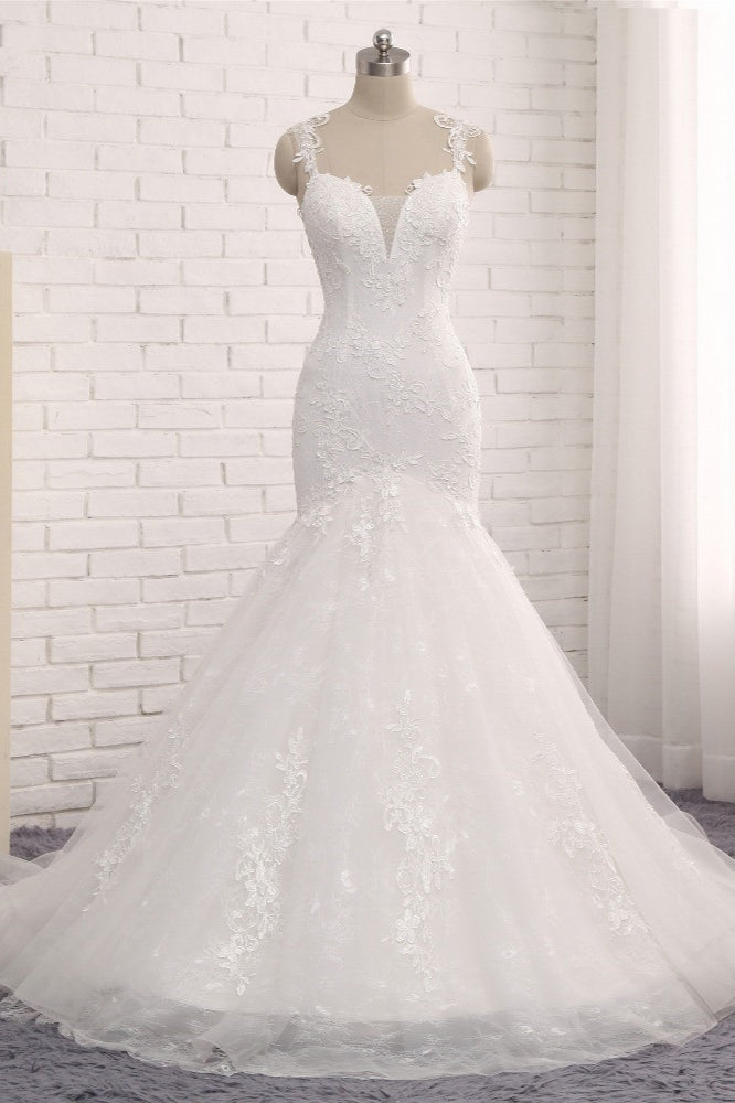 Elegant Straps V-Neck Tulle Lace Mermaid Wedding Dress Appliques Sleeveless Bridal Gowns On Sale