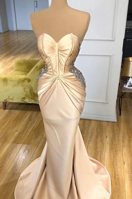 Elegant Sweetheart Champagne Prom Dress Mermaid Long With Crystals