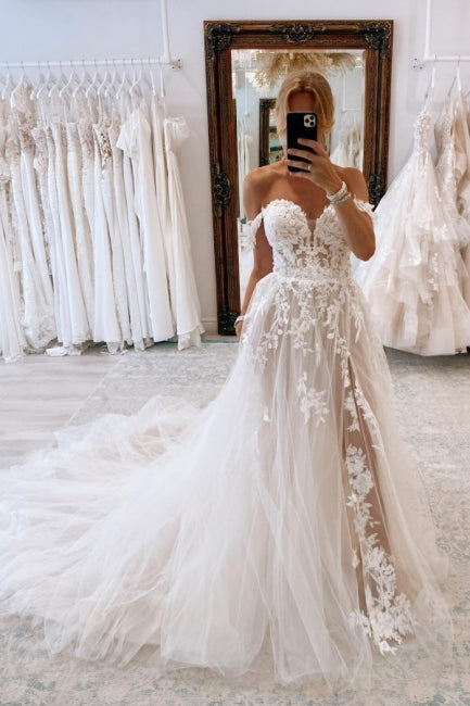 Elegant Sweetheart Off-the-Shoulder Cap Sleeve A-Line Lace Wedding Gown