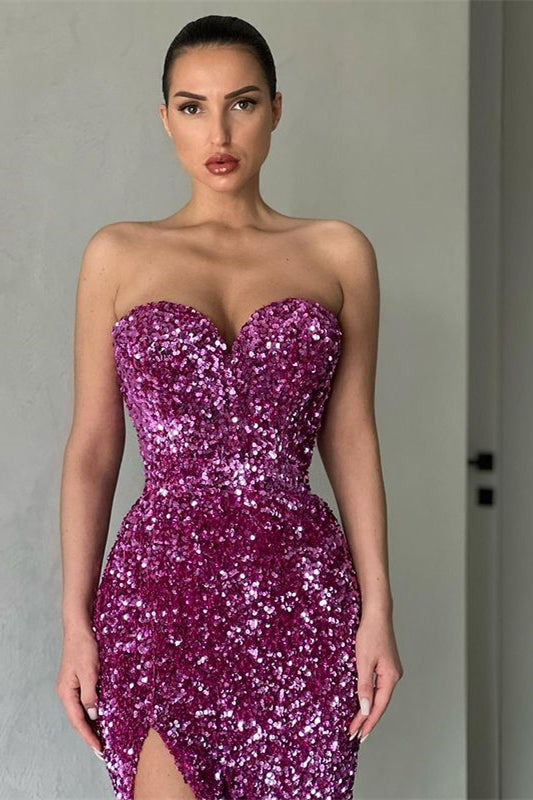 Elegant Sweetheart Sequins Prom Dress Mermaid Long Split Evening Gowns