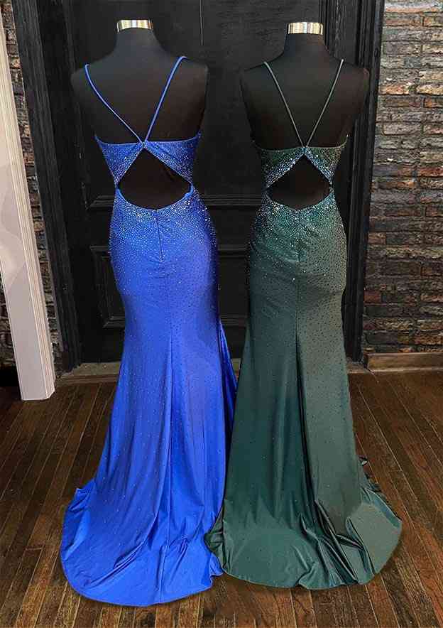 Elegant Trumpet/Mermaid V-Neck Jersey Prom Dress/Evening Dress with Spaghetti Straps & Beading