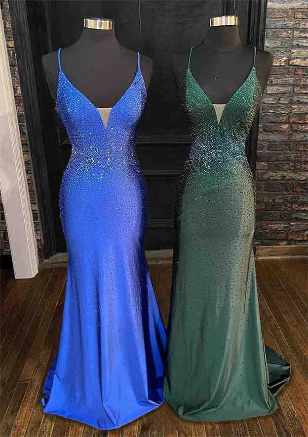 Elegant Trumpet/Mermaid V-Neck Jersey Prom Dress/Evening Dress with Spaghetti Straps & Beading