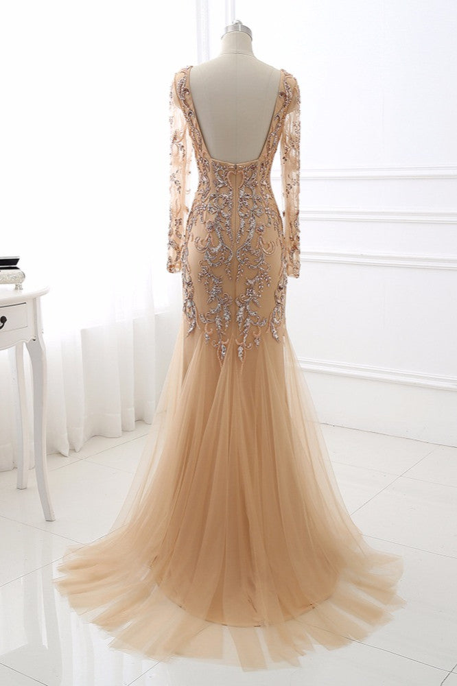 Elegant Tulle Appliques Mermaid Prom Dresses V-Neck Sleeveless Rhinestones Party Dresses On Sale