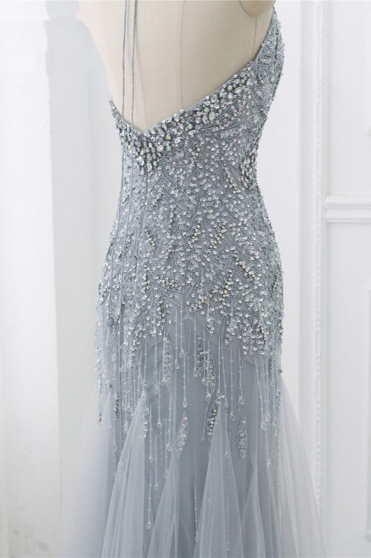 Elegant Tulle Halter Rhinestones Mermaid Prom Dresses Sleeveless Appliques