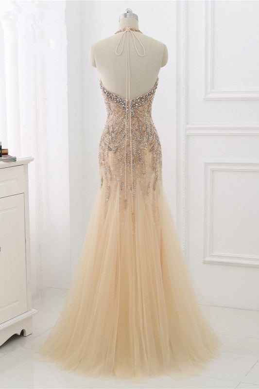 Elegant Tulle Halter Rhinestones Mermaid Prom Dresses Sleeveless Appliques