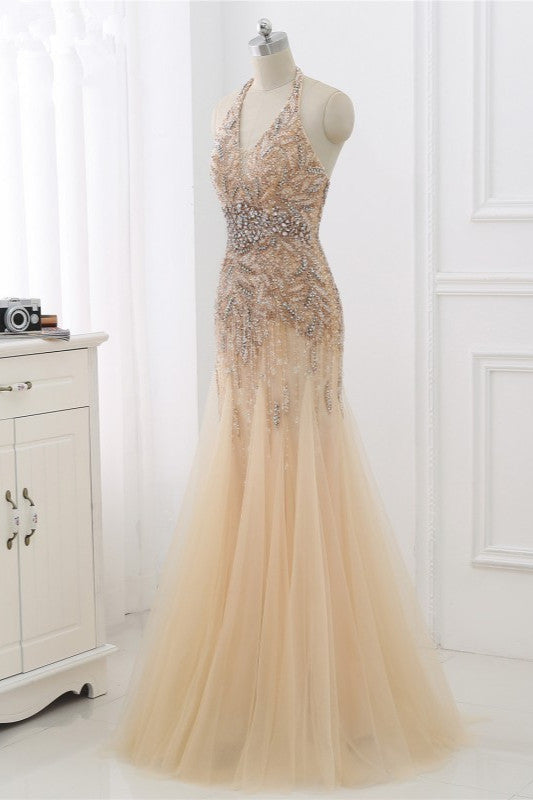 Elegant Tulle Halter Rhinestones Mermaid Prom Dresses Sleeveless Appliques