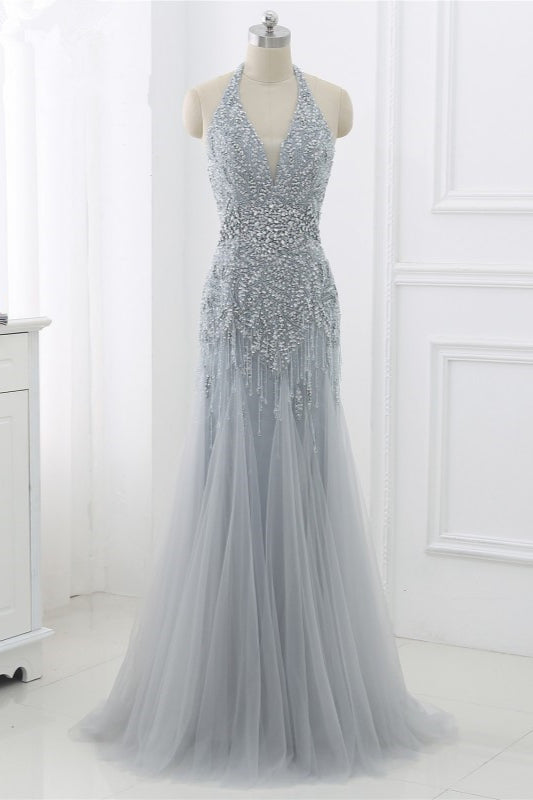 Elegant Tulle Halter Rhinestones Mermaid Prom Dresses Sleeveless Appliques