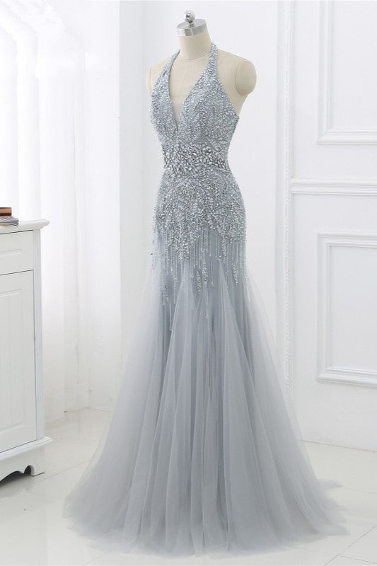 Elegant Tulle Halter Rhinestones Mermaid Prom Dresses Sleeveless Appliques